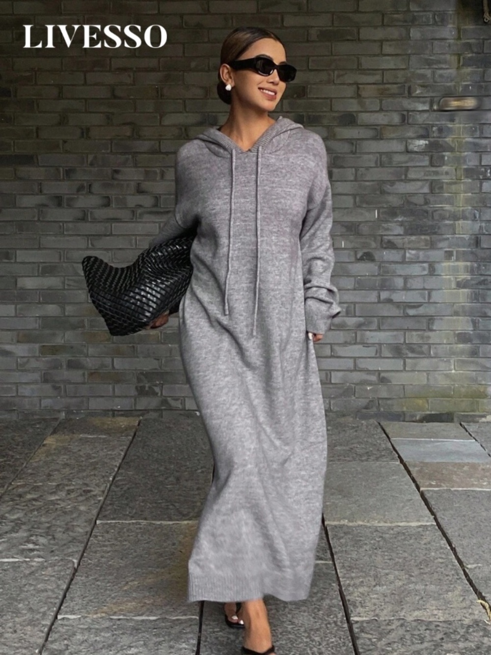 Gray Knit Maxi Hoodie, New Size Medium/Large